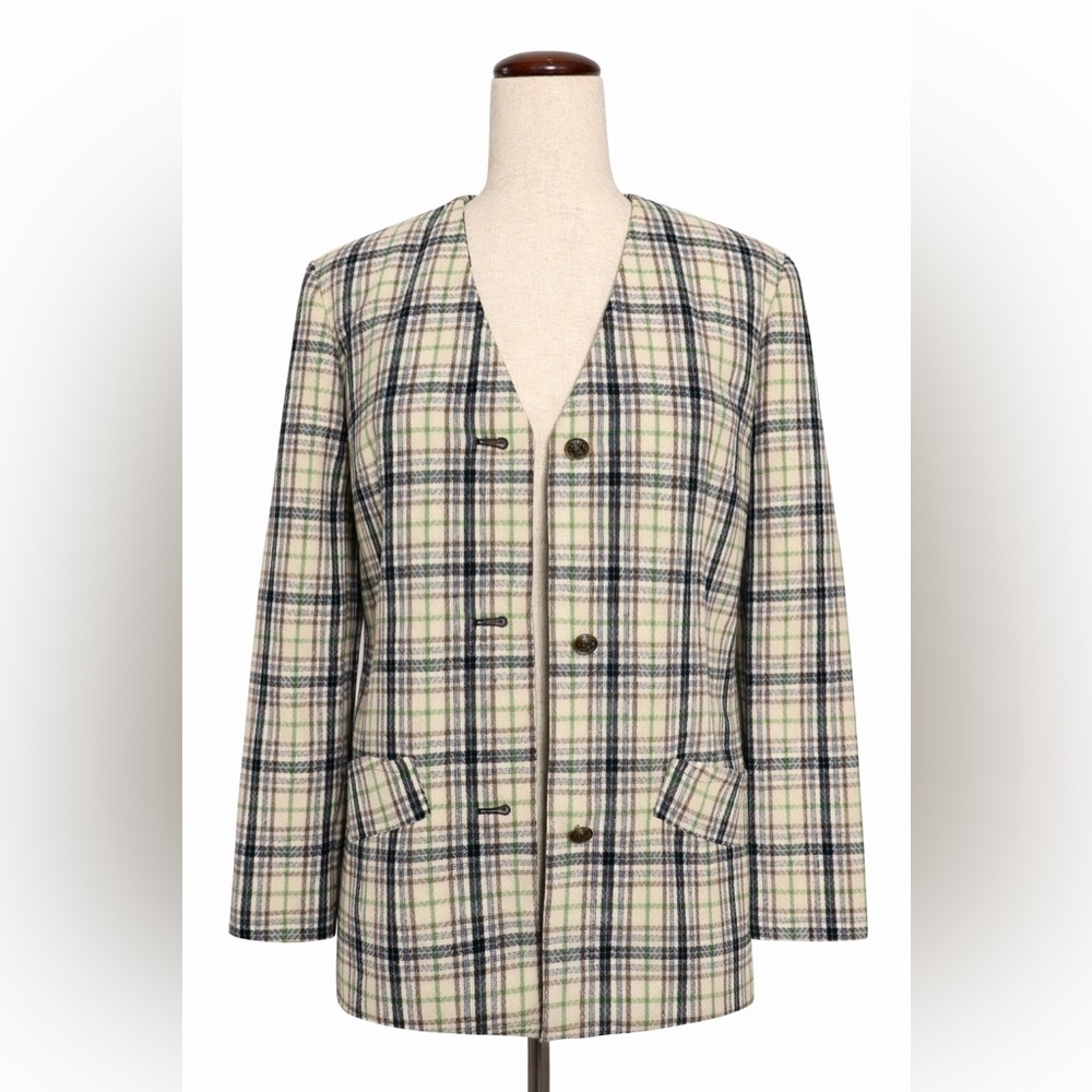 Vintage Pendleton plaid green and white wool blazer- collarless- M